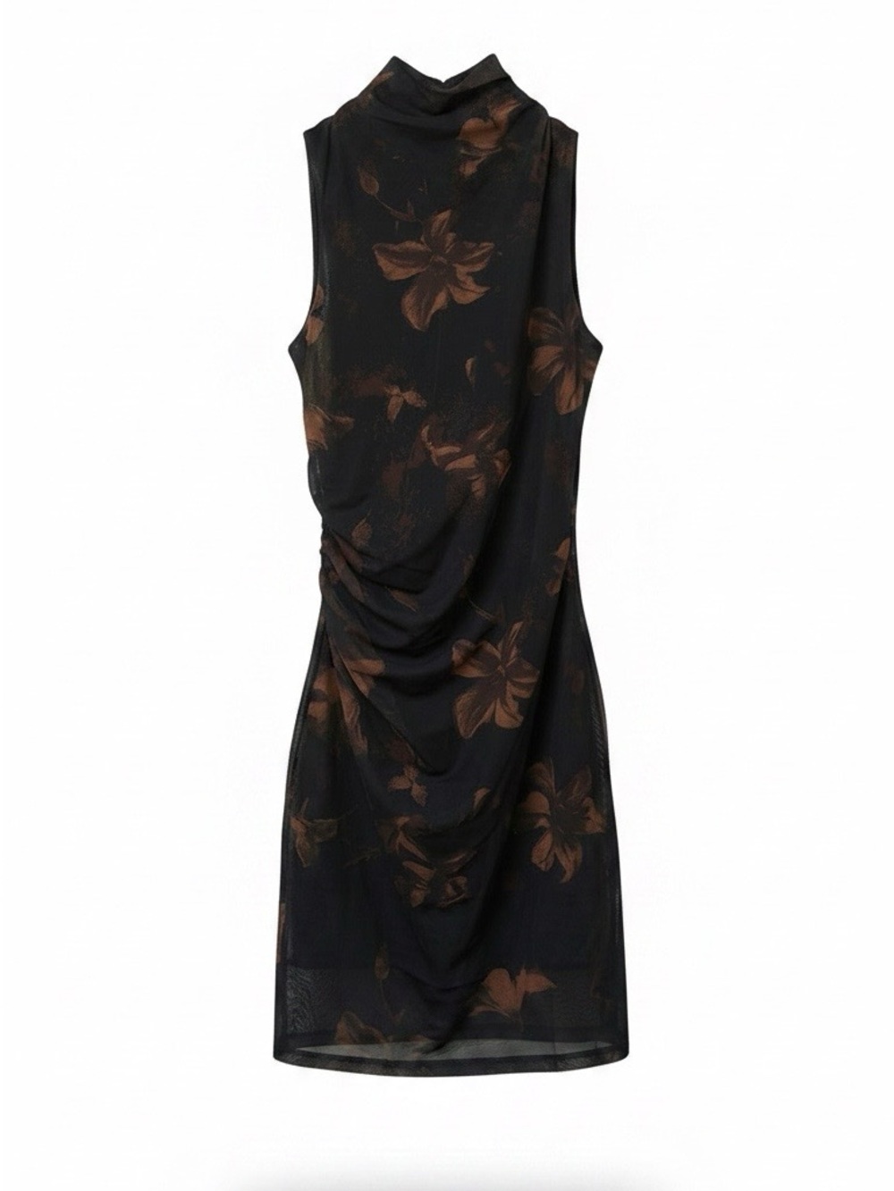 Sleeveless Mock Neck Floral Mini Dress in Black and Brown